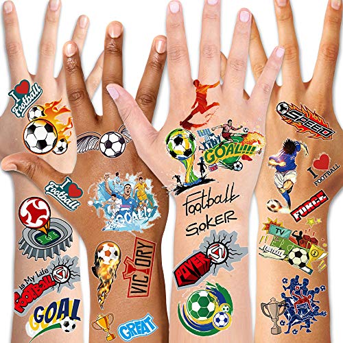 Qpout Tatuajes temporales de fútbol para niños, tatuajes impermeables de tema de fútbol niños niñas bolsas de regalo de fiesta de cumpleaños regalos regalos decoración de fiesta de fútbol accesorios