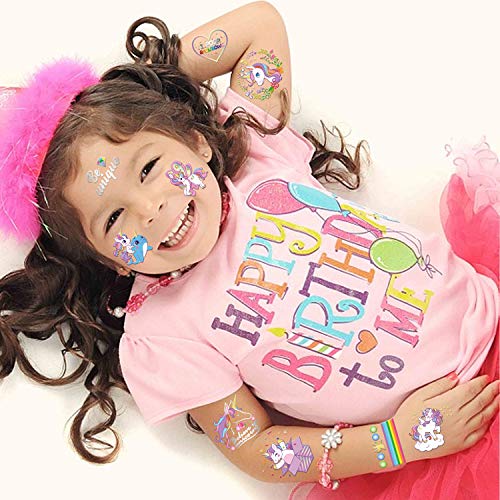 Qpout Tatuajes temporales para niños, tatuajes de unicornio purpurina para cumpleaños niños niñas niños accesorios de fiesta bolsa de regalo rellenos rellenos de fiesta disfraz de Halloween