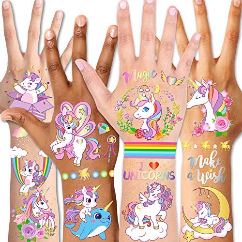 Qpout Tatuajes temporales para niños, tatuajes de unicornio purpurina para cumpleaños niños niñas niños accesorios de fiesta bolsa de regalo rellenos rellenos de fiesta disfraz de Halloween