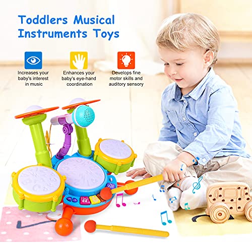 Rabing Batería Para Niños, Instrumentos de Percusión Para niños con Canciones Infantil Micrófono y Luces,Juguete de Tambor，Kit de Batería 1 ~ 12 Años