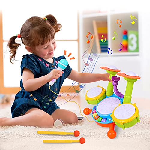 Rabing Batería Para Niños, Instrumentos de Percusión Para niños con Canciones Infantil Micrófono y Luces,Juguete de Tambor，Kit de Batería 1 ~ 12 Años