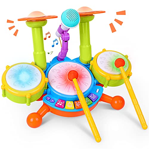 Rabing Batería Para Niños, Instrumentos de Percusión Para niños con Canciones Infantil Micrófono y Luces,Juguete de Tambor，Kit de Batería 1 ~ 12 Años