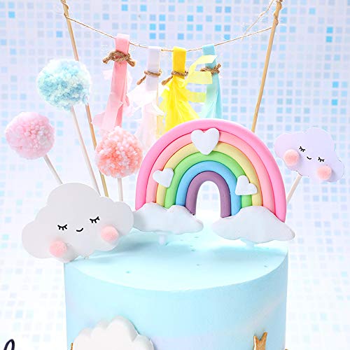 Rainbow Cake Topper, Juego de banderas para pastel de cumpleaños Rainbow Cloud Balloon Cake Decor Cupcake Picks para niñas Niños Cumpleaños Suministros de decoración para fiestas (color claro)