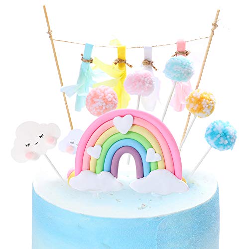 Rainbow Cake Topper, Juego de banderas para pastel de cumpleaños Rainbow Cloud Balloon Cake Decor Cupcake Picks para niñas Niños Cumpleaños Suministros de decoración para fiestas (color claro)