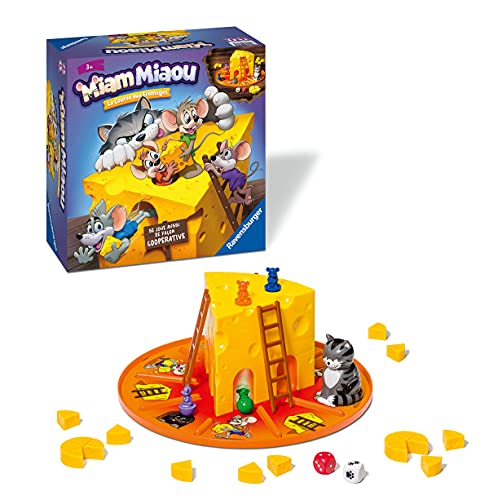 Ravensburger Miam Miaou-La Carrera al Queso - Juego de Mesa para niños de 2 a 4 Jugadores a Partir de 3 años, Juego evolutivo con 3 Niveles de dificultad + Modo cooperativo -20818-versión Francesa