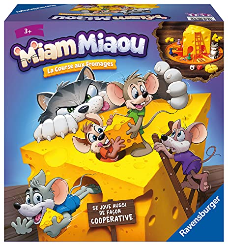 Ravensburger Miam Miaou-La Carrera al Queso - Juego de Mesa para niños de 2 a 4 Jugadores a Partir de 3 años, Juego evolutivo con 3 Niveles de dificultad + Modo cooperativo -20818-versión Francesa