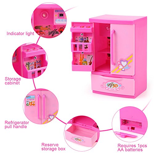 Refrigerador de Cocina Artificial Rosa Mini Frigorífico Refrigerador para Niños Con Mom Play Alimentos y Cajón Niños Juego de Rol Educativo Juguete de Electrodomésticos