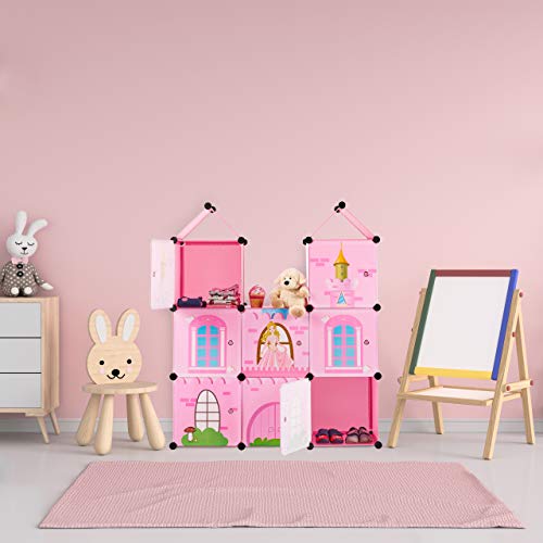 Relaxdays Estantería Modular Infantil, Castillo de Princesas, Plástico, Armario con Puertas, 128 x 110 x 37 cm, Rosa, PP