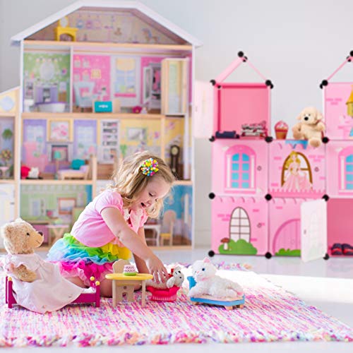 Relaxdays Estantería Modular Infantil, Castillo de Princesas, Plástico, Armario con Puertas, 128 x 110 x 37 cm, Rosa, PP