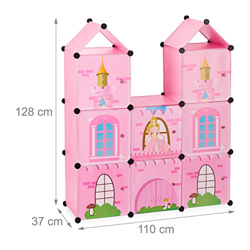 Relaxdays Estantería Modular Infantil, Castillo de Princesas, Plástico, Armario con Puertas, 128 x 110 x 37 cm, Rosa, PP