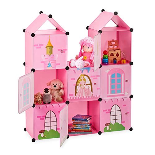 Relaxdays Estantería Modular Infantil, Castillo de Princesas, Plástico, Armario con Puertas, 128 x 110 x 37 cm, Rosa, PP