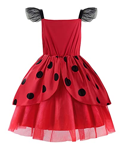 ReliBeauty Disfraz Ladybug para Niñas Mariquita Vestido de Tela de Tutú de Lunares Rojos con accesorios para carnaval 10 años, 140