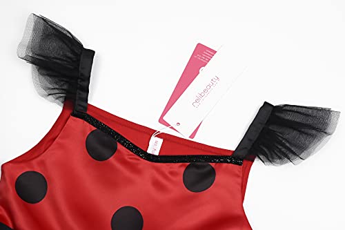 ReliBeauty Disfraz Ladybug para Niñas Mariquita Vestido de Tela de Tutú de Lunares Rojos con accesorios para carnaval 10 años, 140