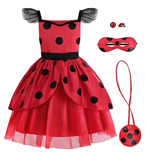 ReliBeauty Disfraz Ladybug para Niñas Mariquita Vestido de Tela de Tutú de Lunares Rojos con accesorios para carnaval 10 años, 140