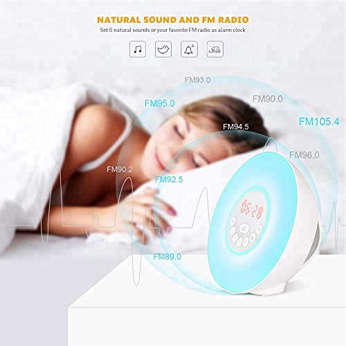 Reloj despertador Wake Up Light-Sunrise con altavoz Bluetooth, lámpara noche junto la cama RGB 7 colores Radio FM Función Sonidos la naturaleza Carga USB Atmósfera Luz para niños Adultos Dormitorios