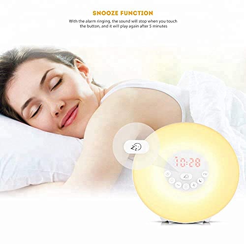 Reloj despertador Wake Up Light-Sunrise con altavoz Bluetooth, lámpara noche junto la cama RGB 7 colores Radio FM Función Sonidos la naturaleza Carga USB Atmósfera Luz para niños Adultos Dormitorios