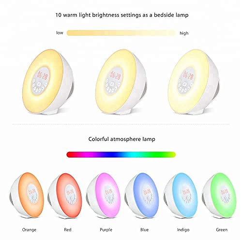 Reloj despertador Wake Up Light-Sunrise con altavoz Bluetooth, lámpara noche junto la cama RGB 7 colores Radio FM Función Sonidos la naturaleza Carga USB Atmósfera Luz para niños Adultos Dormitorios