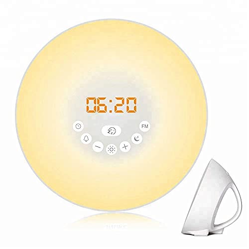 Reloj despertador Wake Up Light-Sunrise con altavoz Bluetooth, lámpara noche junto la cama RGB 7 colores Radio FM Función Sonidos la naturaleza Carga USB Atmósfera Luz para niños Adultos Dormitorios