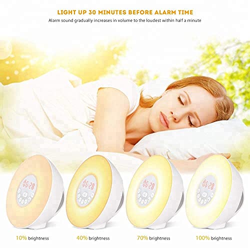 Reloj despertador Wake Up Light-Sunrise con altavoz Bluetooth, lámpara noche junto la cama RGB 7 colores Radio FM Función Sonidos la naturaleza Carga USB Atmósfera Luz para niños Adultos Dormitorios