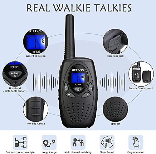 Retevis RT628 Walkie Talkies Niños Fácil de Usar Largo Alcance Recargable Walky Talky para Niños de 3 a 12 Juguete de Regalo para Senderismo, Camping, Jardín, Actividades al Aire Libre (1 Par, Negro)