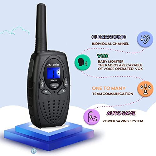 Retevis RT628 Walkie Talkies Niños Fácil de Usar Largo Alcance Recargable Walky Talky para Niños de 3 a 12 Juguete de Regalo para Senderismo, Camping, Jardín, Actividades al Aire Libre (1 Par, Negro)