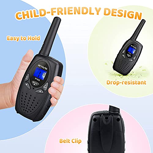 Retevis RT628 Walkie Talkies Niños Fácil de Usar Largo Alcance Recargable Walky Talky para Niños de 3 a 12 Juguete de Regalo para Senderismo, Camping, Jardín, Actividades al Aire Libre (1 Par, Negro)