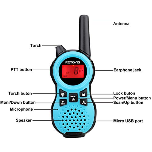 Retevis RT638 Walkie Talkies Niños, Juguetes para Niño, Regalos para Niñas de 6 a 12 Años, Linterna con Pilas VOX, Ideal para Cámping y Aventuras en Parque (1 Par, Azul)