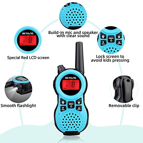 Retevis RT638 Walkie Talkies Niños, Juguetes para Niño, Regalos para Niñas de 6 a 12 Años, Linterna con Pilas VOX, Ideal para Cámping y Aventuras en Parque (1 Par, Azul)