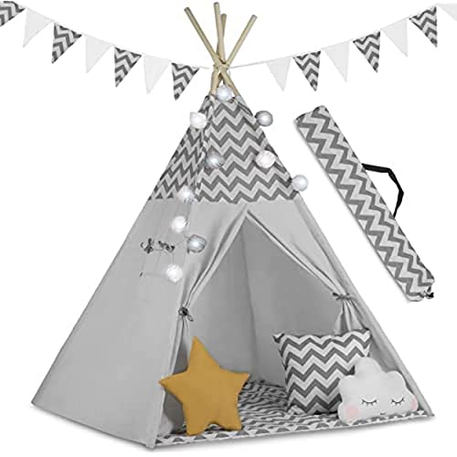 Ricokids 740001 Tipi - Tienda de campaña Infantil con 3 Cojines, Guirnalda y colchón, Color Gris