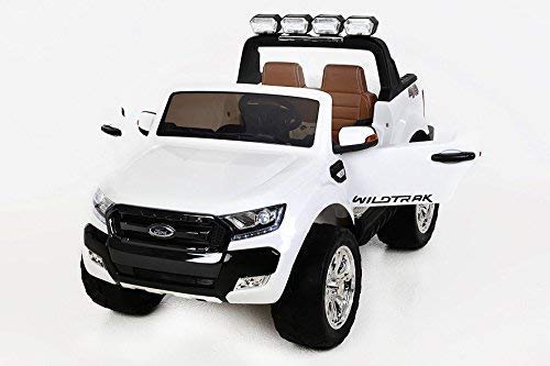 RIRICAR Ford Ranger Wildtrak 4X4 LCD Luxury, Coche eléctrico para niños, 2.4Ghz, Pantalla LCD, Blanco, 2x12V, 4 X Motor, Mando a Distancia, Dos Asientos en Cuero, Ruedas Blandas de EVA, Bluetooth