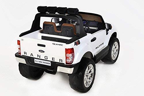 RIRICAR Ford Ranger Wildtrak 4X4 LCD Luxury, Coche eléctrico para niños, 2.4Ghz, Pantalla LCD, Blanco, 2x12V, 4 X Motor, Mando a Distancia, Dos Asientos en Cuero, Ruedas Blandas de EVA, Bluetooth