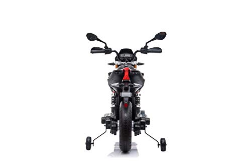 RIRICAR Moto eléctrica Aprilia DORSODURO 900, con Licencia, batería de 12V, Ruedas Suaves de EVA, Motores de 2 x 18W, suspensión, Marco de Metal, Horquilla de Metal, Ruedas auxiliares, Negro