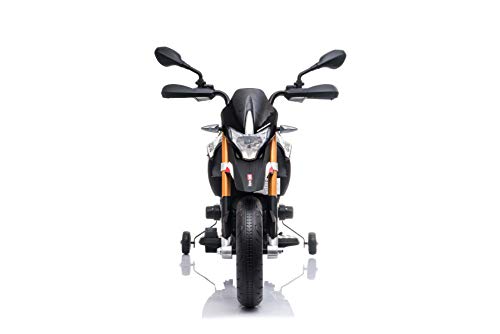 RIRICAR Moto eléctrica Aprilia DORSODURO 900, con Licencia, batería de 12V, Ruedas Suaves de EVA, Motores de 2 x 18W, suspensión, Marco de Metal, Horquilla de Metal, Ruedas auxiliares, Negro