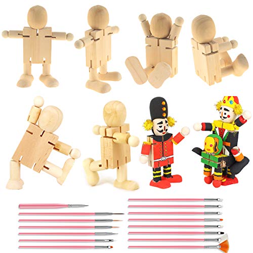 Robot de Madera,Yueser 8 Piezas Inacabado Personas de Madera Muñecas de Madera con 15 Cepillo Pintura Juguete de Pintura de Dibujos Pintada Creativa para Niños