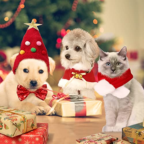 Ropa para Mascotas Navidad, Taumie 5 Piezas Disfraz Perro Gato de Navidad, Traje de Navidad para Perro Gatos, Pet Santa Suit con Ajustable Sombrero y Bufanda, Capa de Navidad, Pajarita