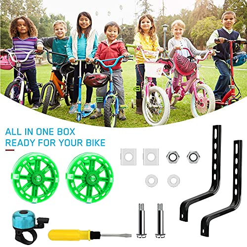 Ruedas De Entrenamiento De Bicicleta,Bicicleta Infantil Ruedines,Ruedas de Apoyo para Niños,Estabilizador de Bicicleta,Entrenamiento de Bicicleta de 12" -20". (Verde Intermitente)