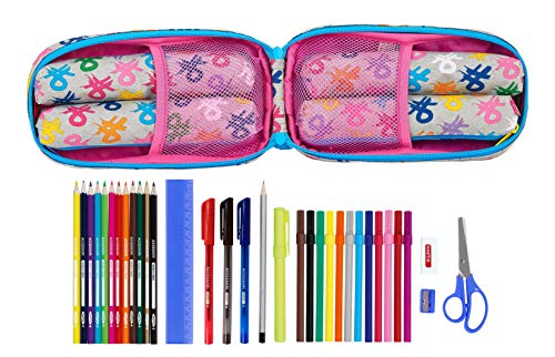 safta 412052747 Plumier mochila 4 estuches llenos, 33 piezas, escolar Benetton, Multicolor