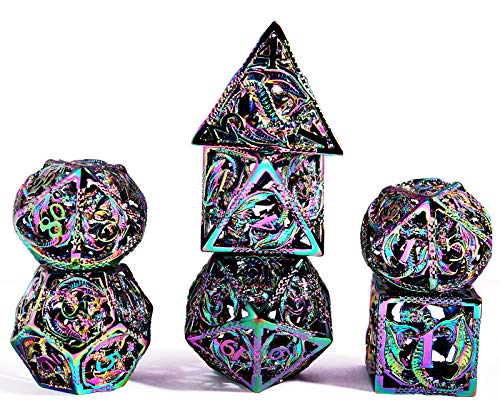 Schleuder D&D Dados Dungeons and Dragons Juegos de rol, Dados de Metal RPG PoliéDricos Hueco Metal Forma de Dragón Dice Set, para Dragones y Mazmorras Juego de Mesa (Multicolor)