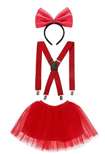 Seawhisper Falda de tul roja con tirantes en forma de Y, lazo rojo, juego de 3 piezas, disfraz de Blancanieve, Minnie Mouse, accesorios para mujer