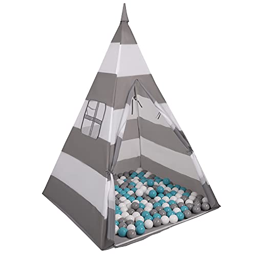 Selonis Tipi Infantil Bicolor con 100 Bolas Coloridas Tienda para Niños, Rayas Gris-Blanco:Gris/Blanco/Turquesa