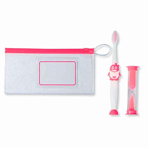 Set cepillo de dientes infantil con neceser y reloj de arena, presentado en bolsa celofán, lazo a tono y tarjeta personalizada. Lote de 10 unidades.