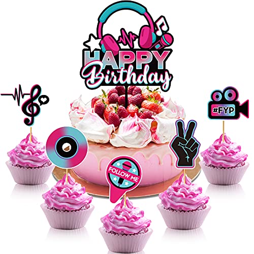 Set de 46 Toppers de Magdalena de Happy Birthday Toppers de Pastel de Redes Sociales Musicales Decoraciones para Tartas de Cumpleaños con Notas Musicales Palillos de Toppers de Postre