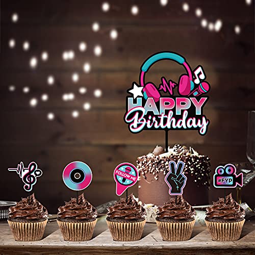 Set de 46 Toppers de Magdalena de Happy Birthday Toppers de Pastel de Redes Sociales Musicales Decoraciones para Tartas de Cumpleaños con Notas Musicales Palillos de Toppers de Postre