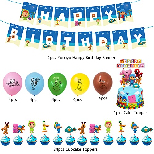 Set de Fiesta de Cumpleaños de Niños, 48 Piezas Decoración de Fiesta de Pocoyo Globos de Latex Pocoyo Pancartas Cumpleaños Adornos de Pastel para Niños Decoraciones de Cumpleaños