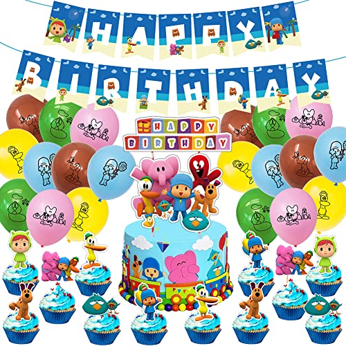 Set de Fiesta de Cumpleaños de Niños, 48 Piezas Decoración de Fiesta de Pocoyo Globos de Latex Pocoyo Pancartas Cumpleaños Adornos de Pastel para Niños Decoraciones de Cumpleaños