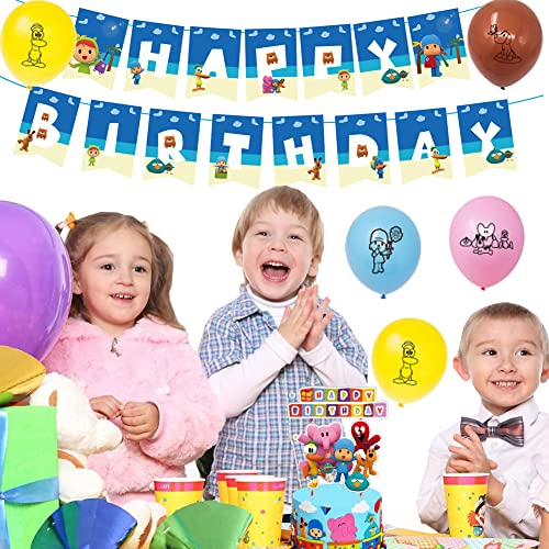 Set de Fiesta de Cumpleaños de Niños, 48 Piezas Decoración de Fiesta de Pocoyo Globos de Latex Pocoyo Pancartas Cumpleaños Adornos de Pastel para Niños Decoraciones de Cumpleaños