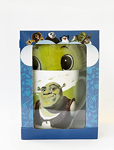 Set de regalo DreamWorks Heroes, Shrek, Kung Fu Panda, Madagascar, Home – Taza de 300 ml + peluche de peluche Little Dreamers Idea de regalo (Shrek – Oger)