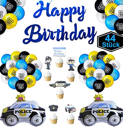 Set XXL de 44 piezas de policía para cumpleaños infantiles, decoración de color azul, globos y globos