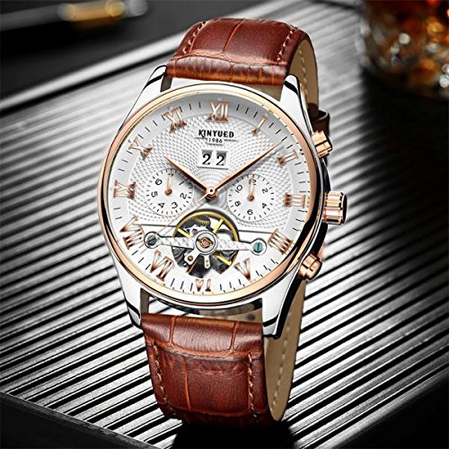 Sharplace Lujo KINYUED Hombre Reloj Mecánico Automático Hueco De Cuero Genuino Accesorios - Marrón