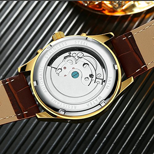 Sharplace Lujo KINYUED Hombre Reloj Mecánico Automático Hueco De Cuero Genuino Accesorios - Marrón